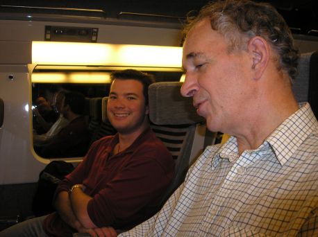 Dad and James on the train in a tunnel under Lille